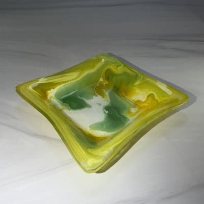 Swirls Colorful Fused Art Glass Square Handkerchief Trinket Dish Green Yellow - Thumbnail 13