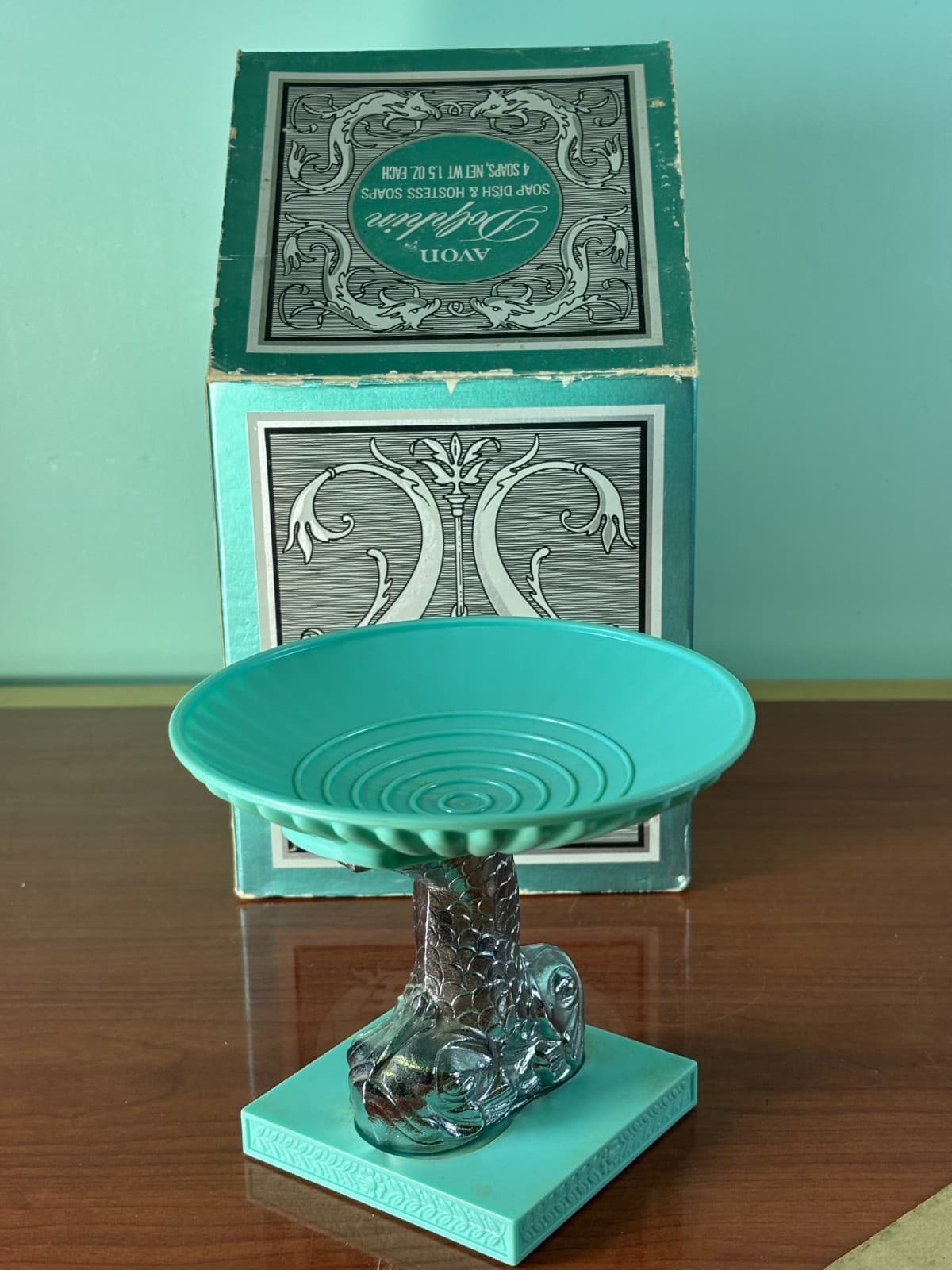 Avon Vintage Soap Dish Turquoise Plastic and Silver Metal Koi Fish Blue MCM VTG - Thumbnail 4