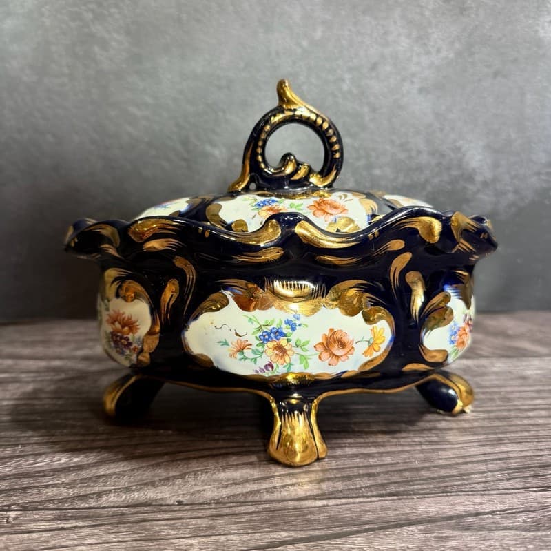 MICA Italy Cobalt Blue Gilt Floral Footed Trinket Box 1498 - Thumbnail 7