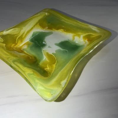 Swirls Colorful Fused Art Glass Square Handkerchief Trinket Dish Green Yellow - Thumbnail 9