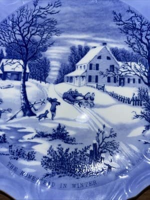 Vintage The Homestead in Winter Currier & Ives, Blue White Plate 8" Japan - Thumbnail 6