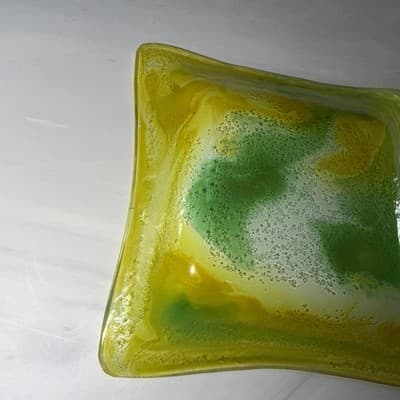 Swirls Colorful Fused Art Glass Square Handkerchief Trinket Dish Green Yellow - Thumbnail 5