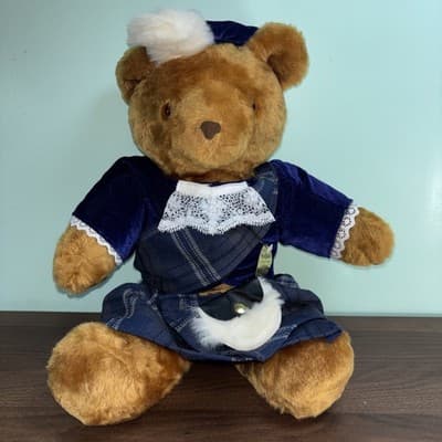 VTG Thistle Products Scottish Teddy Bear Made in Scotland 17" W/ Tag Blue Plaid