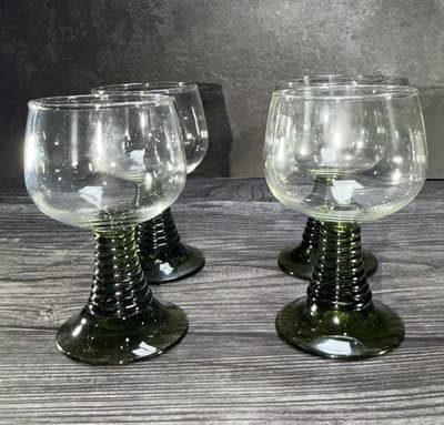 VTG German Roemer Wine Drinking Glasses Green Spiral Beehive Ribbed Stem