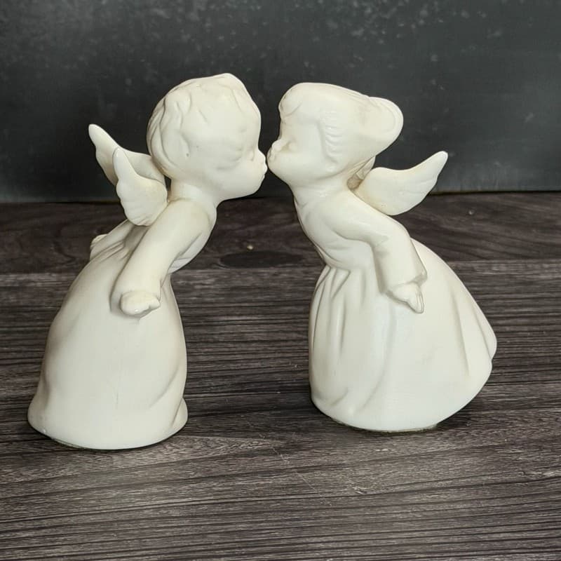 Vintage Lefton White Bisque Kissing Angel Figurines - Set of 2