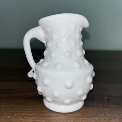 Fenton White Milk Glass Hobnail Creamer Cruet Dots With Hand Crimped Handle VTG - Thumbnail 4