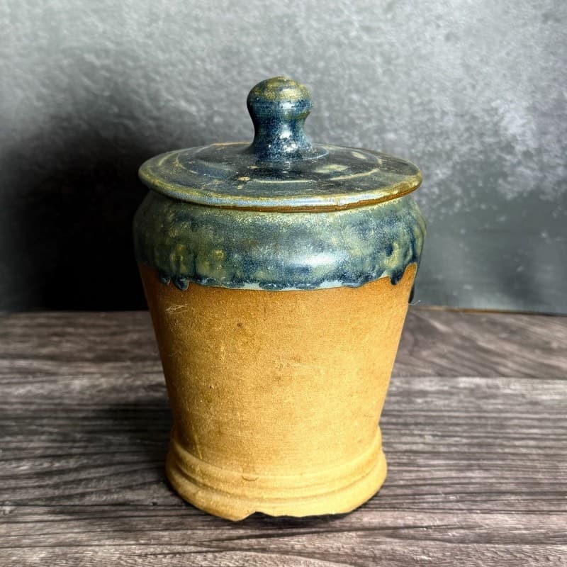 Vintage Studio Pottery Lidded Jar with Blue Drip Glaze and Notched Foot, 6"