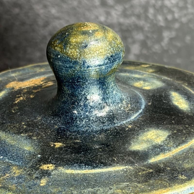 Vintage Studio Pottery Lidded Jar with Blue Drip Glaze and Notched Foot, 6" - Thumbnail 4