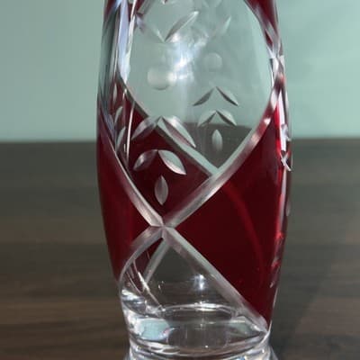 Lenox Glass Vase 9" Clear Ruby Red Etched Cut To Clear Romania Bohemian - Thumbnail 3