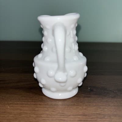 Fenton White Milk Glass Hobnail Creamer Cruet Dots With Hand Crimped Handle VTG - Thumbnail 3