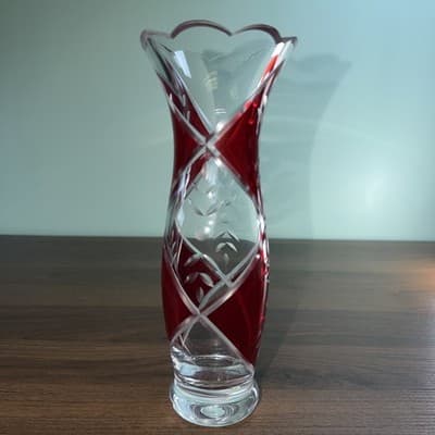 Lenox Glass Vase 9" Clear Ruby Red Etched Cut To Clear Romania Bohemian
