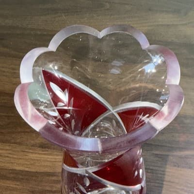 Lenox Glass Vase 9" Clear Ruby Red Etched Cut To Clear Romania Bohemian - Thumbnail 5