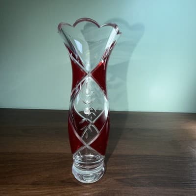Lenox Glass Vase 9" Clear Ruby Red Etched Cut To Clear Romania Bohemian - Thumbnail 7