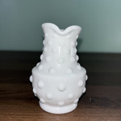 Fenton White Milk Glass Hobnail Creamer Cruet Dots With Hand Crimped Handle VTG - Thumbnail 5
