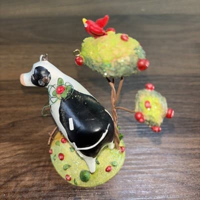 Black & White Holstein Milk Cow Ornament 4” High 3.5" Wide Tree With Red Bird - Thumbnail 3