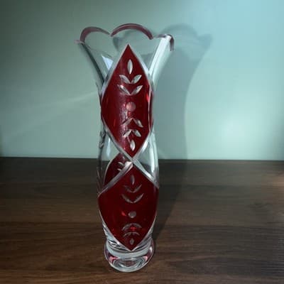 Lenox Glass Vase 9" Clear Ruby Red Etched Cut To Clear Romania Bohemian - Thumbnail 6