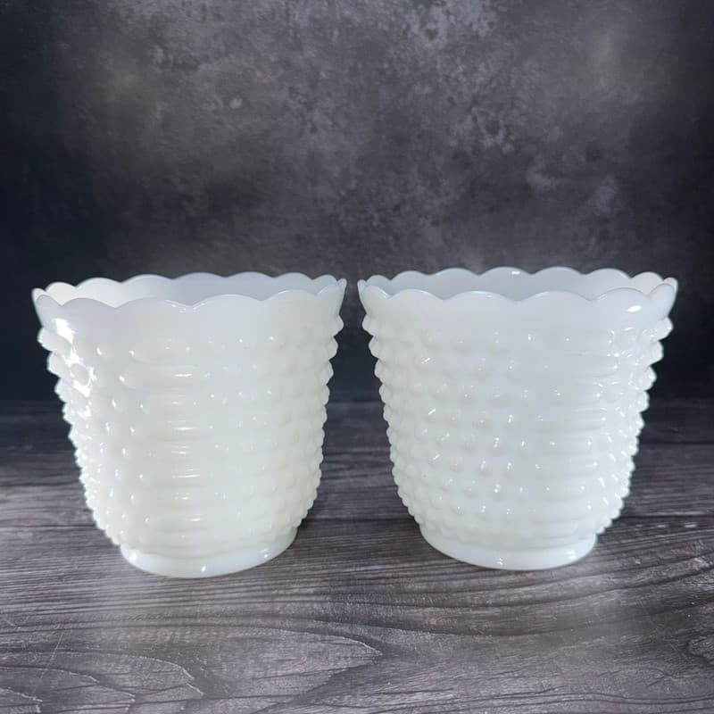 Set of 2 Vintage Fire-King White Milk Glass Hobnail and Ladder Planters