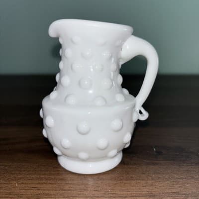 Fenton White Milk Glass Hobnail Creamer Cruet Dots With Hand Crimped Handle VTG