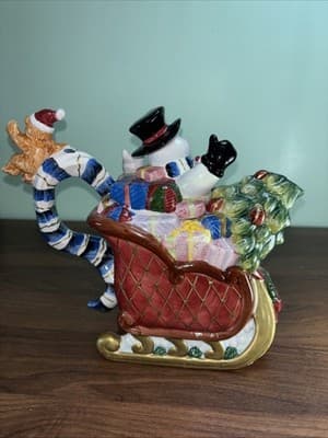 AMBIANCE COLLECTIBLES CHRISTMAS DREAMS NANETTE VACHER TEAPOT Snowman Sled Cat - Thumbnail 6