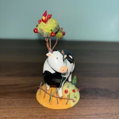 Black & White Holstein Milk Cow Ornament 4” High 3.5" Wide Tree With Red Bird - Thumbnail 7