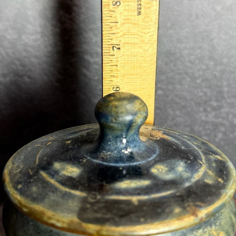 Vintage Studio Pottery Lidded Jar with Blue Drip Glaze and Notched Foot, 6" - Thumbnail 11