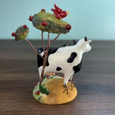 Black & White Holstein Milk Cow Ornament 4” High 3.5" Wide Tree With Red Bird - Thumbnail 6