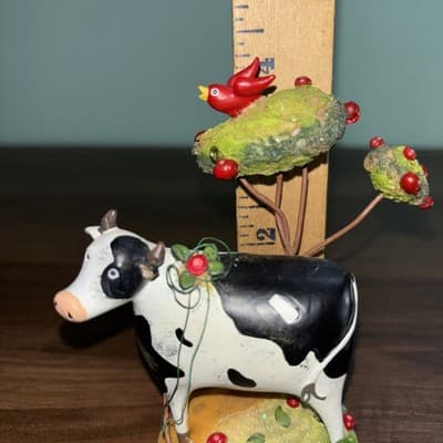 Black & White Holstein Milk Cow Ornament 4” High 3.5" Wide Tree With Red Bird - Thumbnail 10