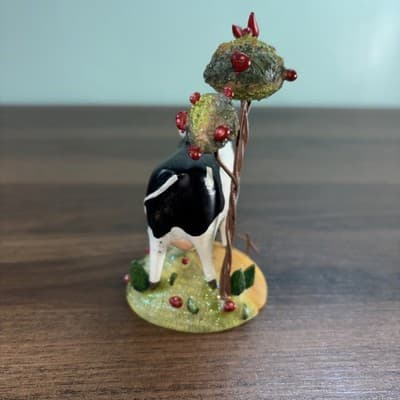 Black & White Holstein Milk Cow Ornament 4” High 3.5" Wide Tree With Red Bird - Thumbnail 5