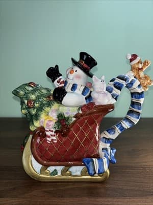 AMBIANCE COLLECTIBLES CHRISTMAS DREAMS NANETTE VACHER TEAPOT Snowman Sled Cat