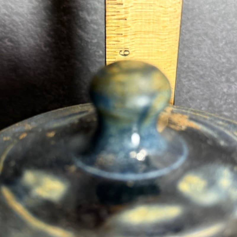 Vintage Studio Pottery Lidded Jar with Blue Drip Glaze and Notched Foot, 6" - Thumbnail 10