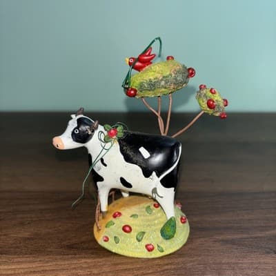 Black & White Holstein Milk Cow Ornament 4” High 3.5" Wide Tree With Red Bird - Thumbnail 2