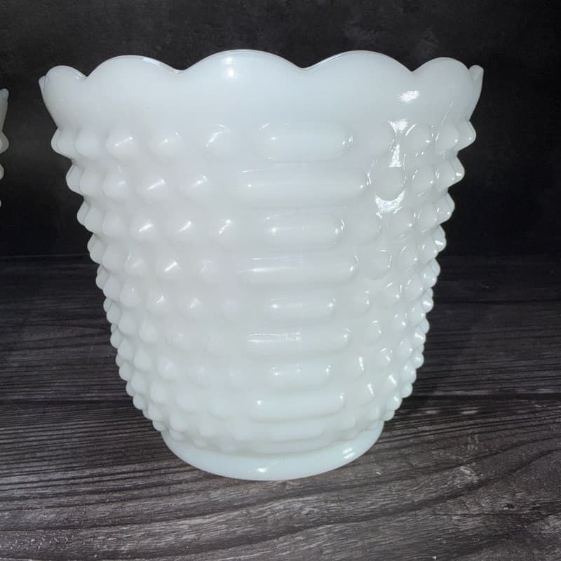 Set of 2 Vintage Fire-King White Milk Glass Hobnail and Ladder Planters - Thumbnail 6