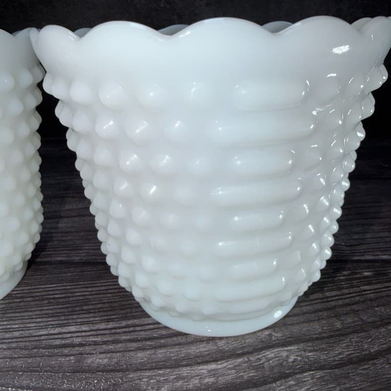 Set of 2 Vintage Fire-King White Milk Glass Hobnail and Ladder Planters - Thumbnail 2