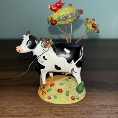 Black & White Holstein Milk Cow Ornament 4” High 3.5" Wide Tree With Red Bird - Thumbnail 4