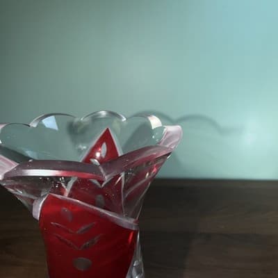 Lenox Glass Vase 9" Clear Ruby Red Etched Cut To Clear Romania Bohemian - Thumbnail 10