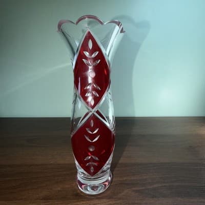 Lenox Glass Vase 9" Clear Ruby Red Etched Cut To Clear Romania Bohemian - Thumbnail 8