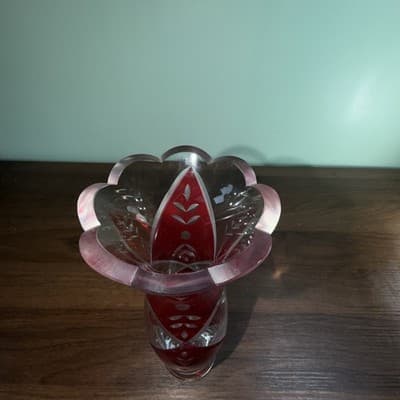 Lenox Glass Vase 9" Clear Ruby Red Etched Cut To Clear Romania Bohemian - Thumbnail 9