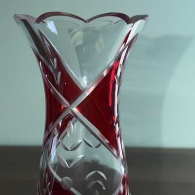 Lenox Glass Vase 9" Clear Ruby Red Etched Cut To Clear Romania Bohemian - Thumbnail 2