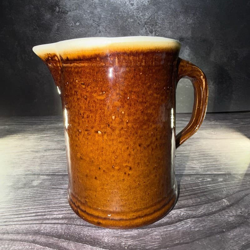 Vintage Brown Albarello Glazed Stoneware Pitcher Farmhouse 7 Inch - Thumbnail 4
