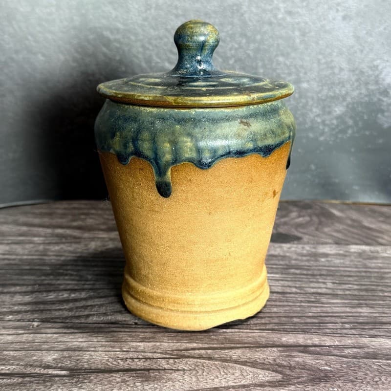 Vintage Studio Pottery Lidded Jar with Blue Drip Glaze and Notched Foot, 6" - Thumbnail 6