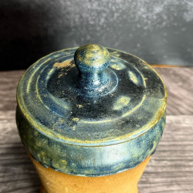Vintage Studio Pottery Lidded Jar with Blue Drip Glaze and Notched Foot, 6" - Thumbnail 2