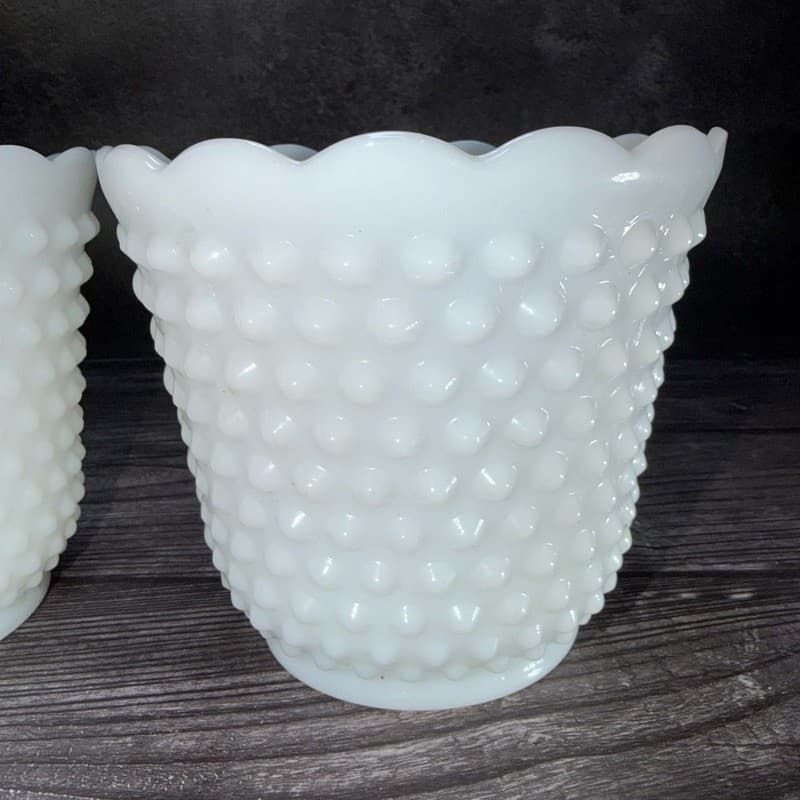 Set of 2 Vintage Fire-King White Milk Glass Hobnail and Ladder Planters - Thumbnail 9