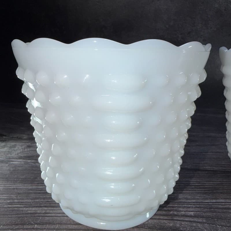 Set of 2 Vintage Fire-King White Milk Glass Hobnail and Ladder Planters - Thumbnail 7