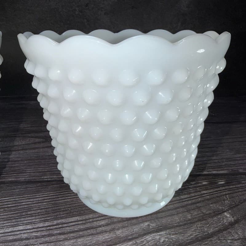 Set of 2 Vintage Fire-King White Milk Glass Hobnail and Ladder Planters - Thumbnail 5