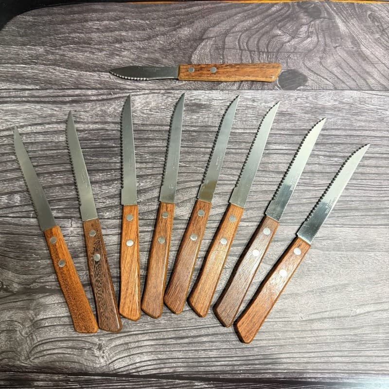 Vintage Set of 9 Stainless Steel Japan Steak Knives and Paring Knife with Wood H