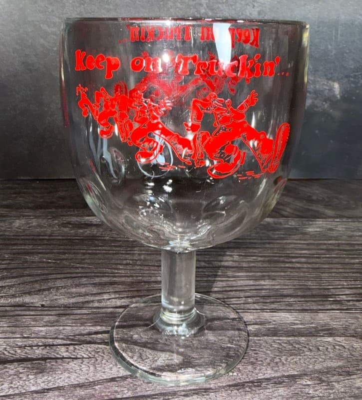 Vintage 1970s Robert Crumb 'Keep On Truckin'' Red Graphic Beer Glass Goblet