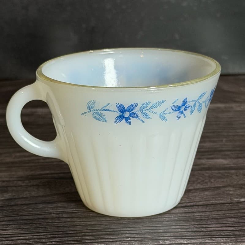 Vintage Termocrisa Mexico Milk Glass Cup Blue Floral Pattern Ribbed 3"