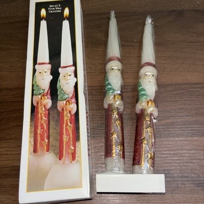 Sculptured Hand Painted Santa Claus 10" Candles Vintage Pair Tapered NOS NIB