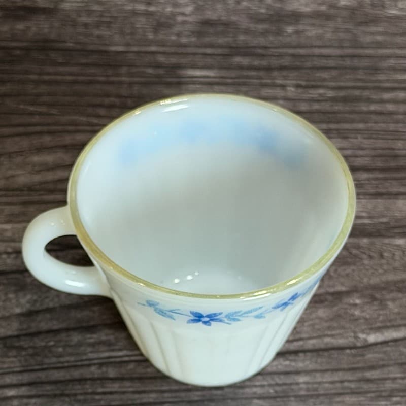 Vintage Termocrisa Mexico Milk Glass Cup Blue Floral Pattern Ribbed 3" - Thumbnail 2