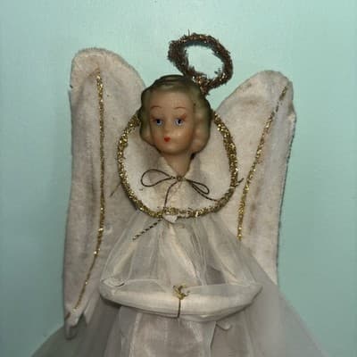 Vintage Angel Christmas Tree Topper Rubber Face Gold Hair Blue Eyes Felt Wings - Thumbnail 2